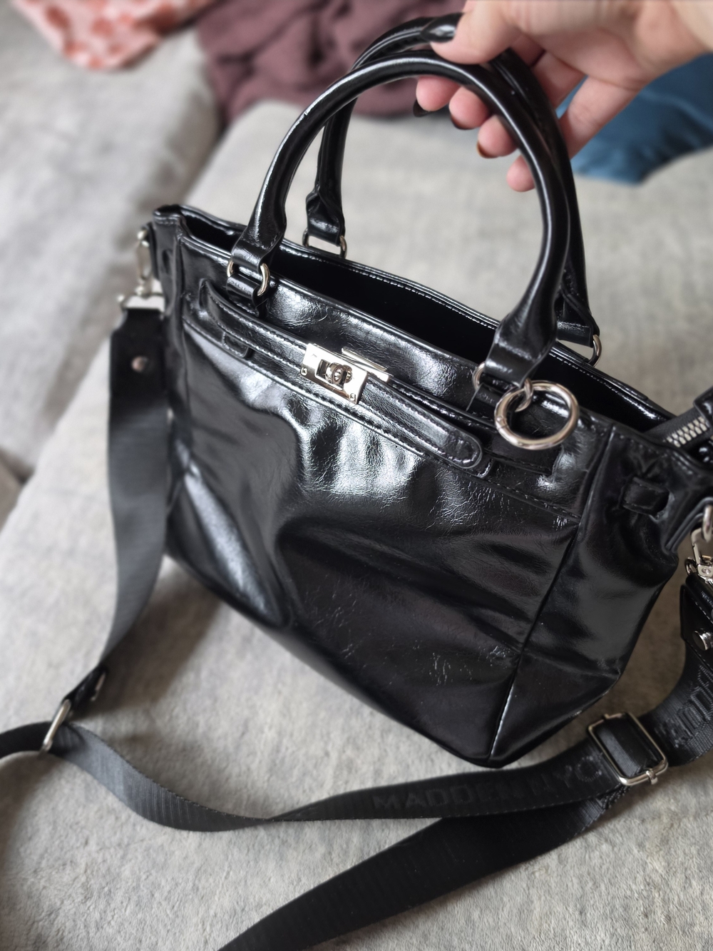 Madden NYC satchel black patent faux leather silver hardware